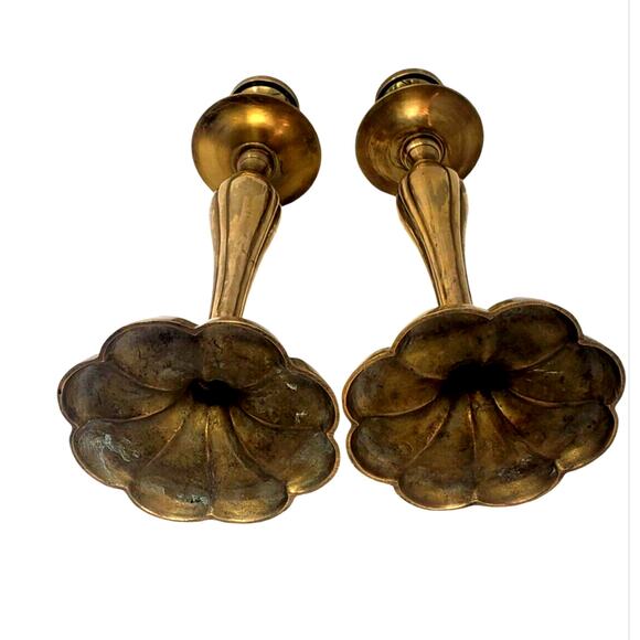2 MCM Brass Candlesticks Holders Heavy 13" Tall Tapered Heavy Vtg Academia Goth - Picture 5 of 5